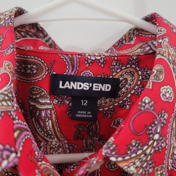 Lands End Womens Button Up Top Size 12 Paisley Red Supima Cotton - Picture 4 of 7